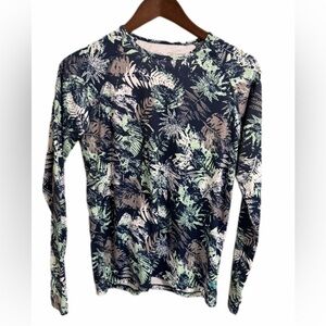 Reel Legends Blue Tropical Print Long Sleeve Athletic Rash Guard Top Size S